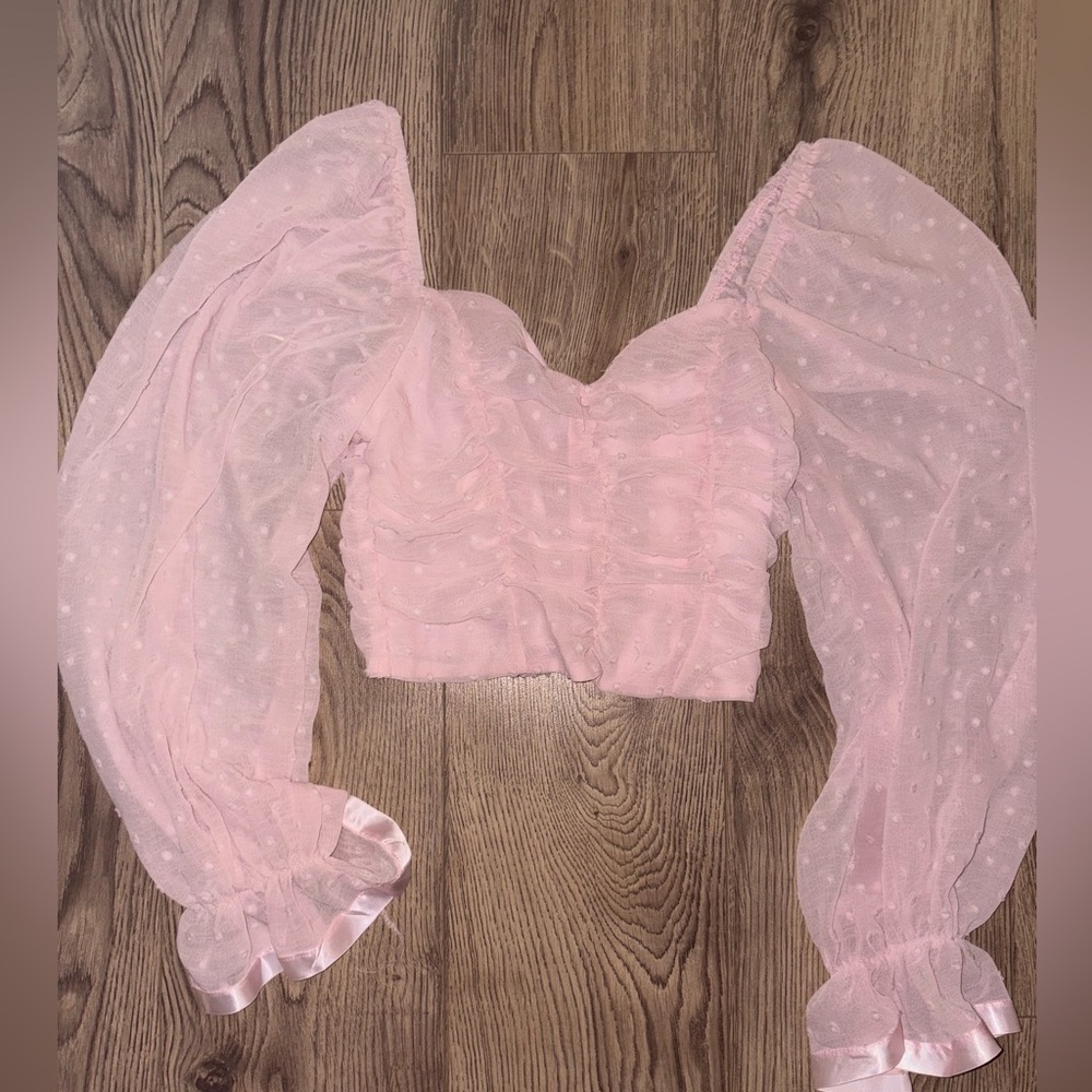 Pink Ruched Crop Blouse with Puff Sleeves